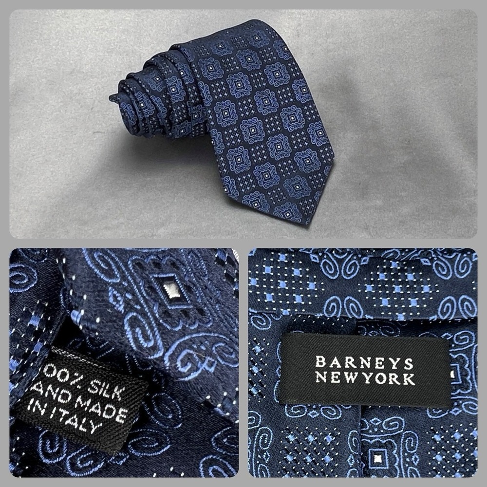 Barneys New York Silk Tie Navy Blue Geometric Medallion Foulard Made In Italy